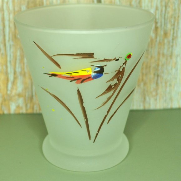Set Of 5 Frosted Drink Glasses Stylized Bird Motif 3 Inch Tall Home And Camp MCM - Picture 7 of 11